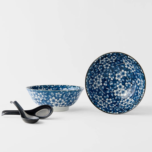 Made In Japan Tableware - Deep Blue Sakura ramen bowl gift set for two 20cm