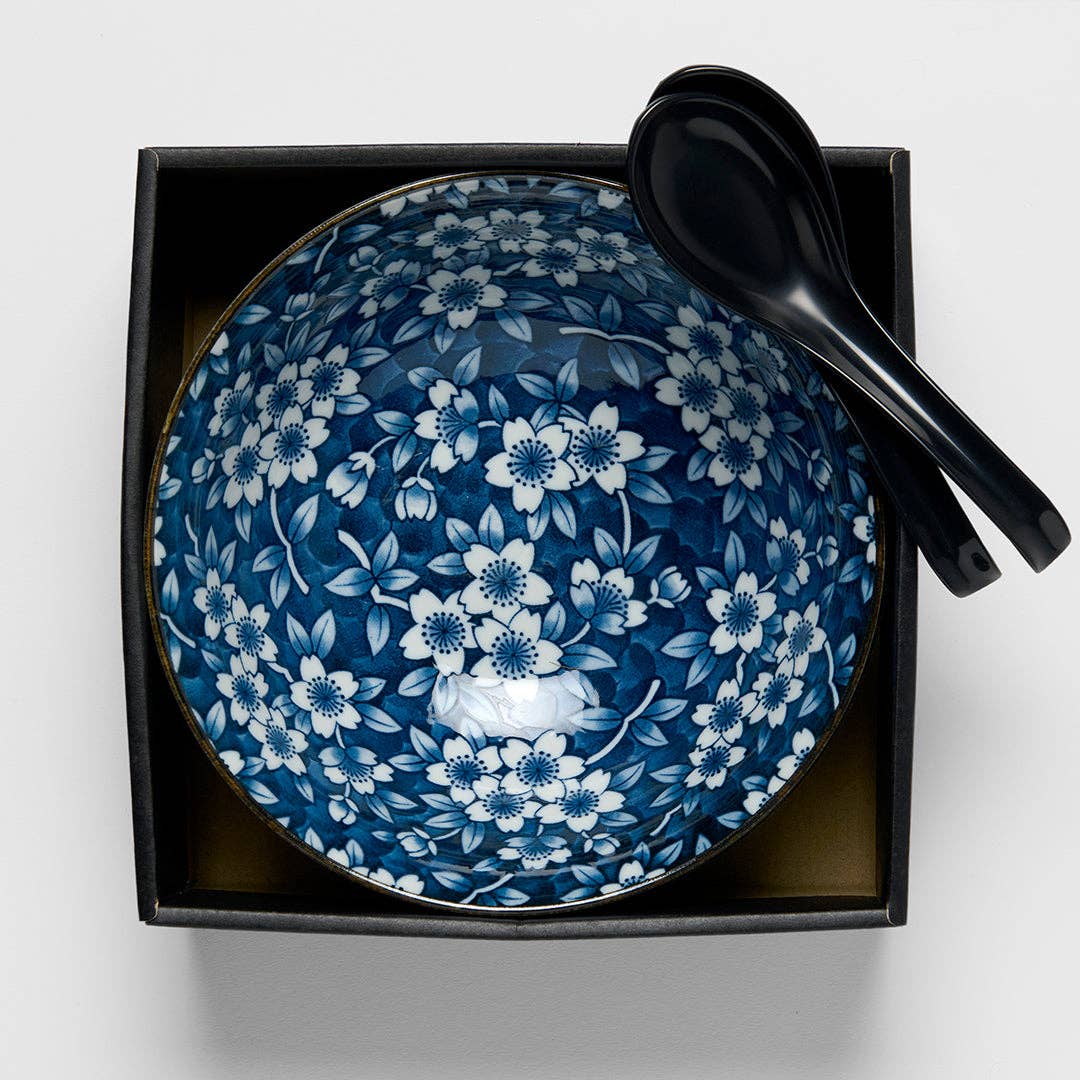 Made In Japan Tableware - Deep Blue Sakura ramen bowl gift set for two 20cm