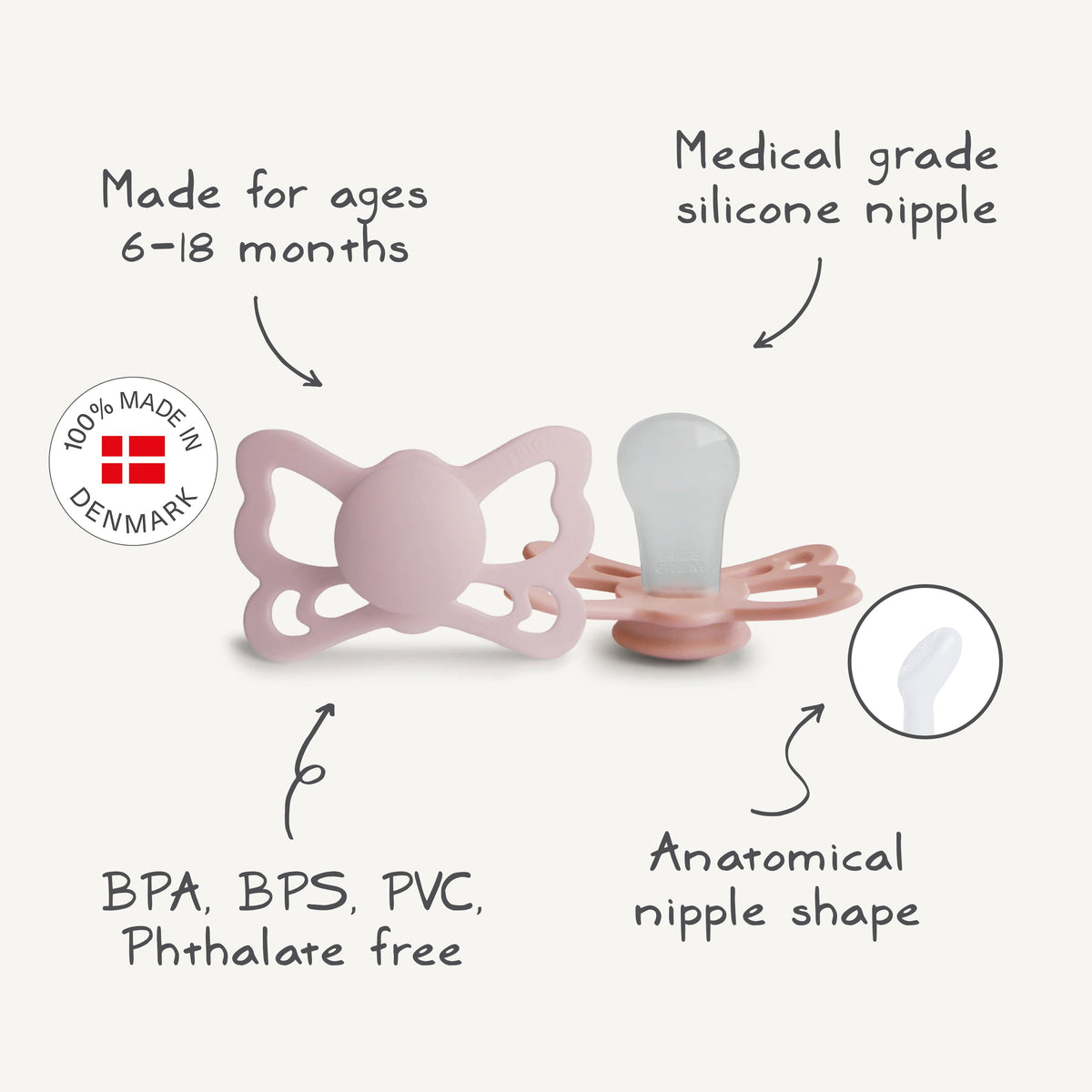 FRIGG Butterfly Anatomical Silicone Pacifier 2-Pack (6-18 Months)