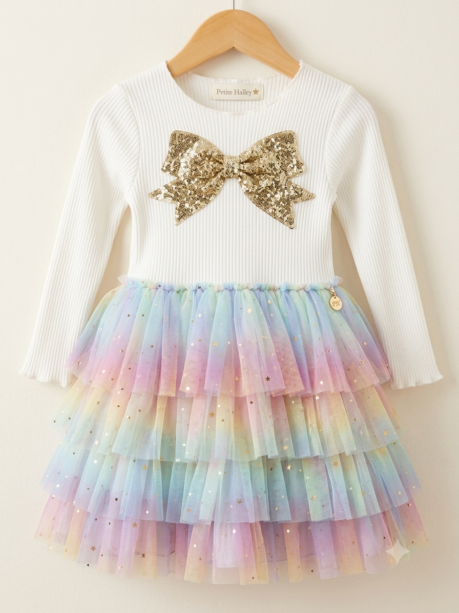 Petite Hailey Girls Long Sleeve Ribbed Rainbow Tulle Tutu Dress with Gold Sequin Bow – Pastel Layered Birthday & Party Dress