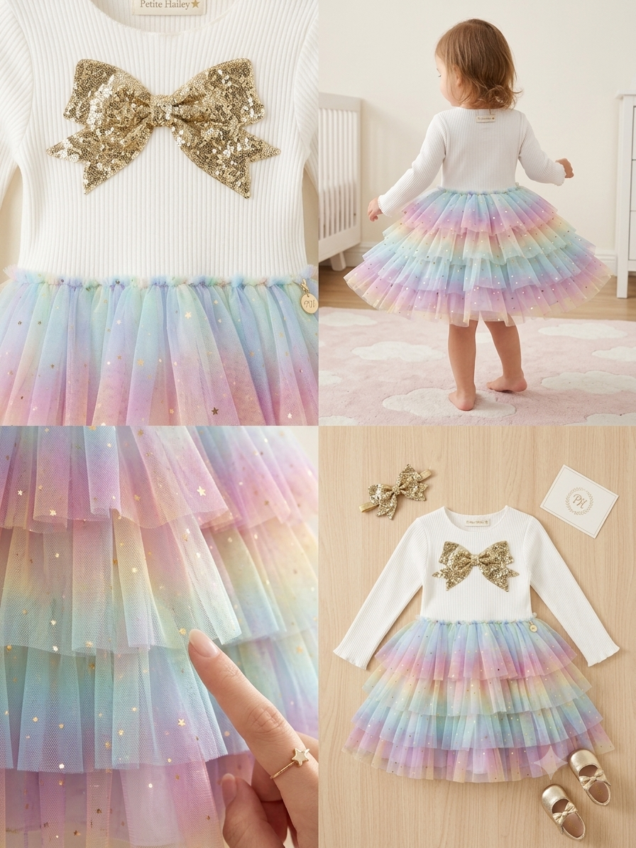 Petite Hailey Girls Long Sleeve Ribbed Rainbow Tulle Tutu Dress with Gold Sequin Bow – Pastel Layered Birthday & Party Dress
