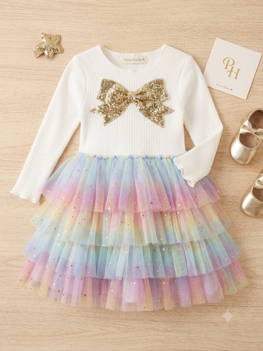 Petite Hailey Girls Long Sleeve Ribbed Rainbow Tulle Tutu Dress with Gold Sequin Bow – Pastel Layered Birthday & Party Dress