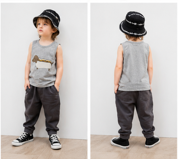 HUXBABY Hot Doggy Singlet Grey Marle | Kids Tank Top