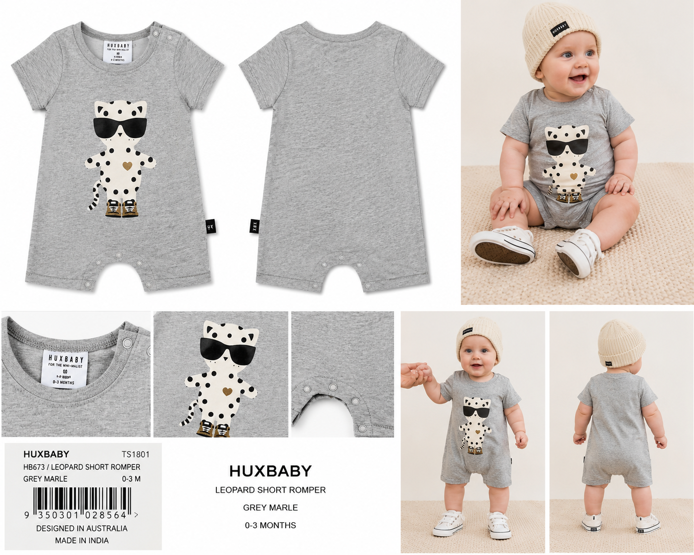 HUXBABY Leopard Short Romper Grey Marle | Baby Romper