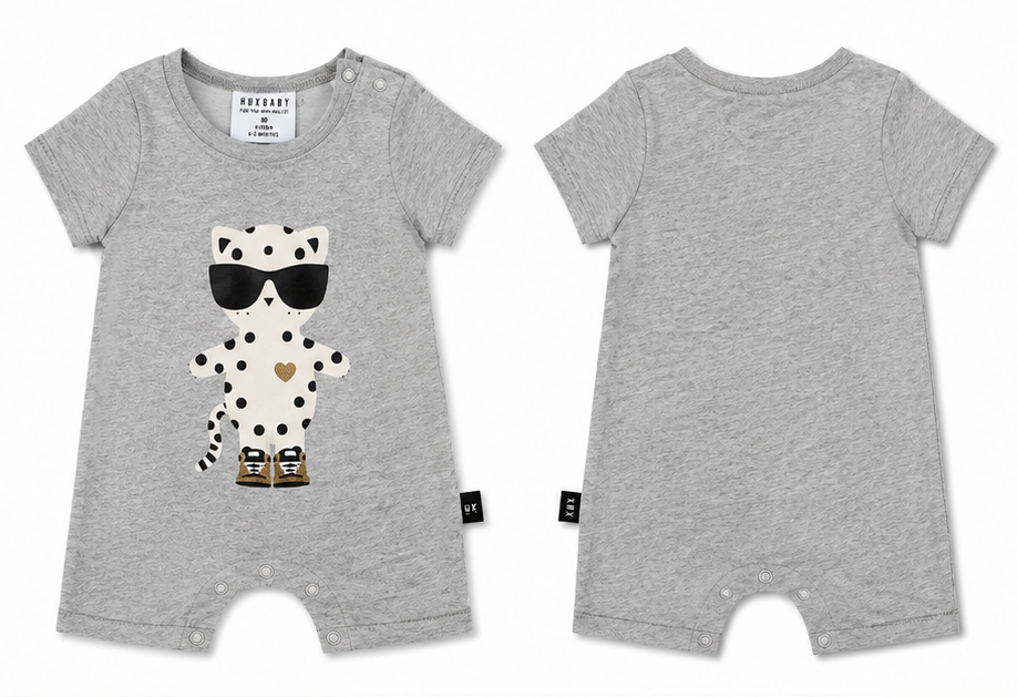 HUXBABY Leopard Short Romper Grey Marle | Baby Romper