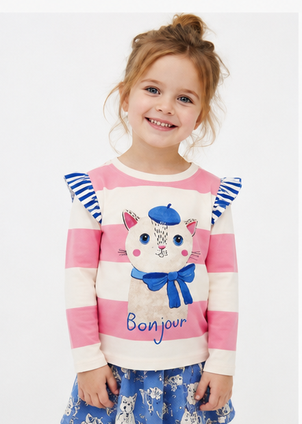 Rock Your Kid Bonjour Kitten T-Shirt | Girls Pink Stripe Top