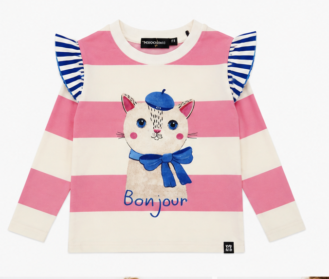 Rock Your Kid Bonjour Kitten T-Shirt | Girls Pink Stripe Top
