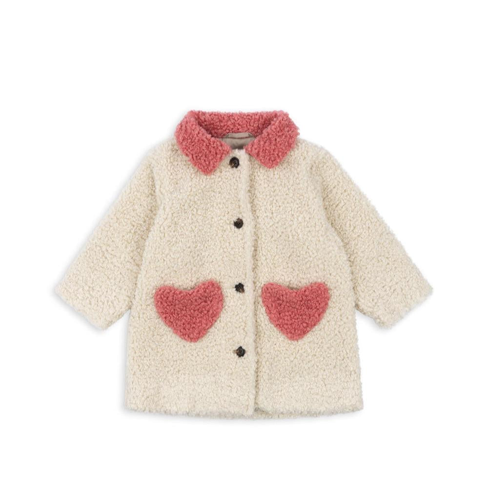 Konges Sløjd Calin Coat – Antique White | Pink Heart Pocket Teddy Coat