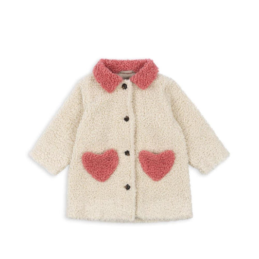 Konges Sløjd Calin Coat – Antique White | Pink Heart Pocket Teddy Coat
